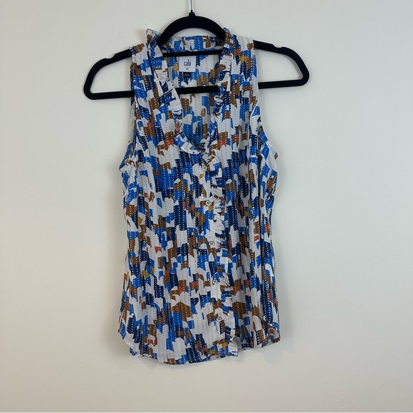 CAbi | Women's Blue and Brown Jigsaw Patterned Sleeveless Top Size XS - Picture 2 of 7